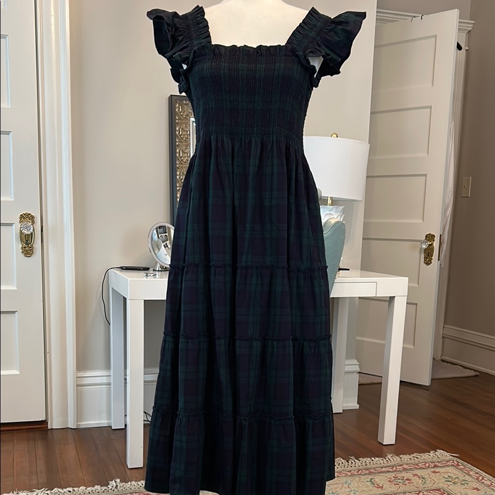 Hill House Blackwatch Plaid Midi Dress with Ruffle Sleeves